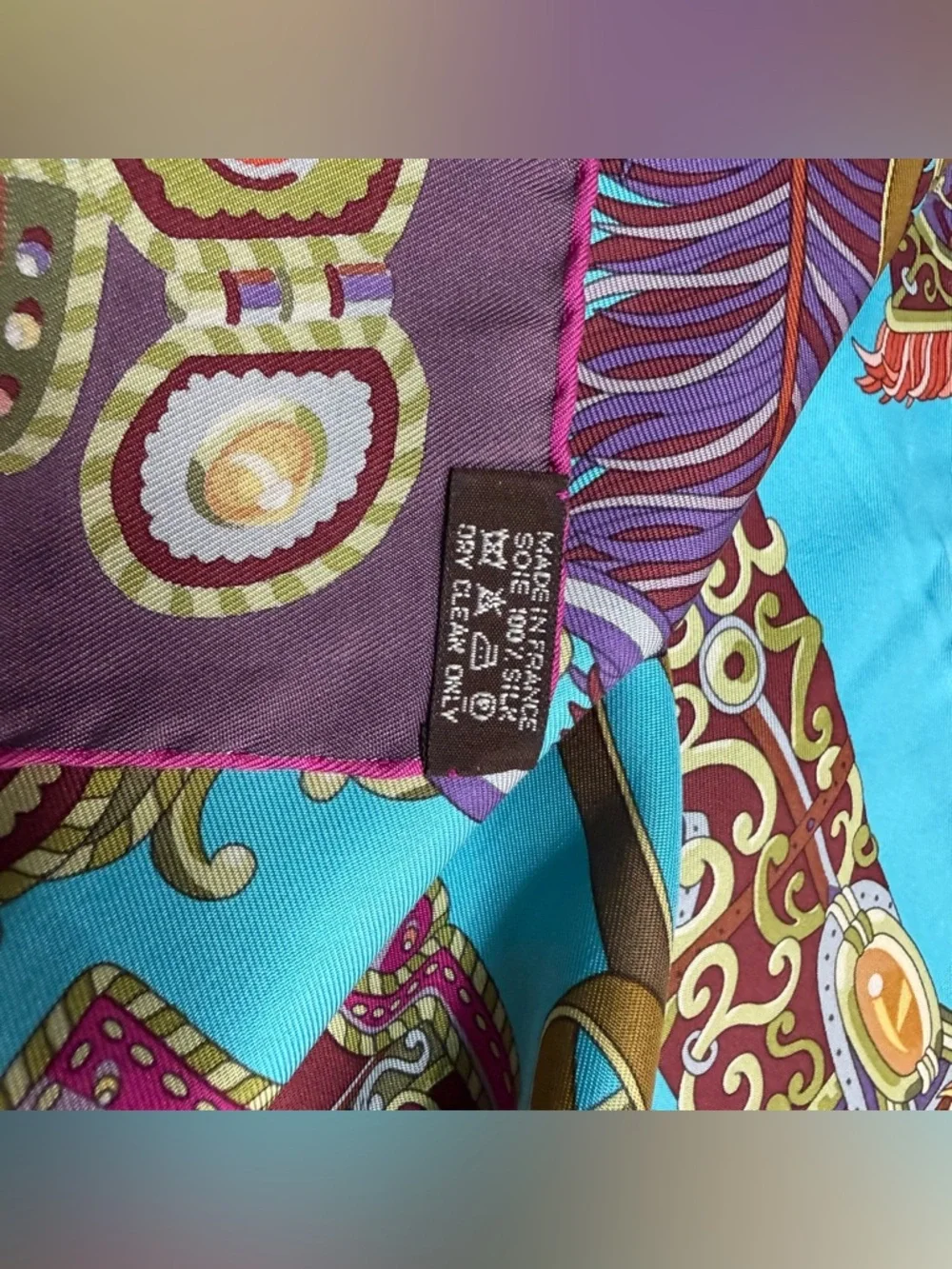 Hermes Silk Scarf Sous Le Gide De Mars Armor Purple Teal Gold Authentic - Picture 10 of 12